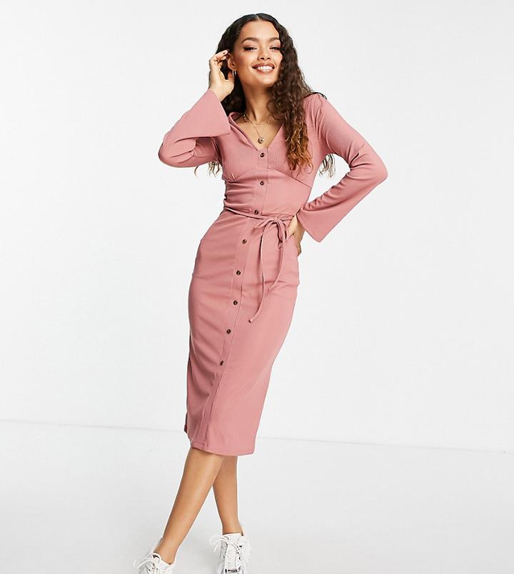 Miss Selfridge Petite V Neck Ribbed Midi Dress In Dusty Pink