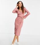 Miss Selfridge Petite V Neck Ribbed Midi Dress In Dusty Pink
