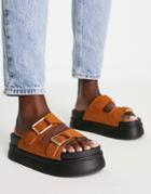 Truffle Collection Metal Double Buckle Flatform Sandals In Tan-brown