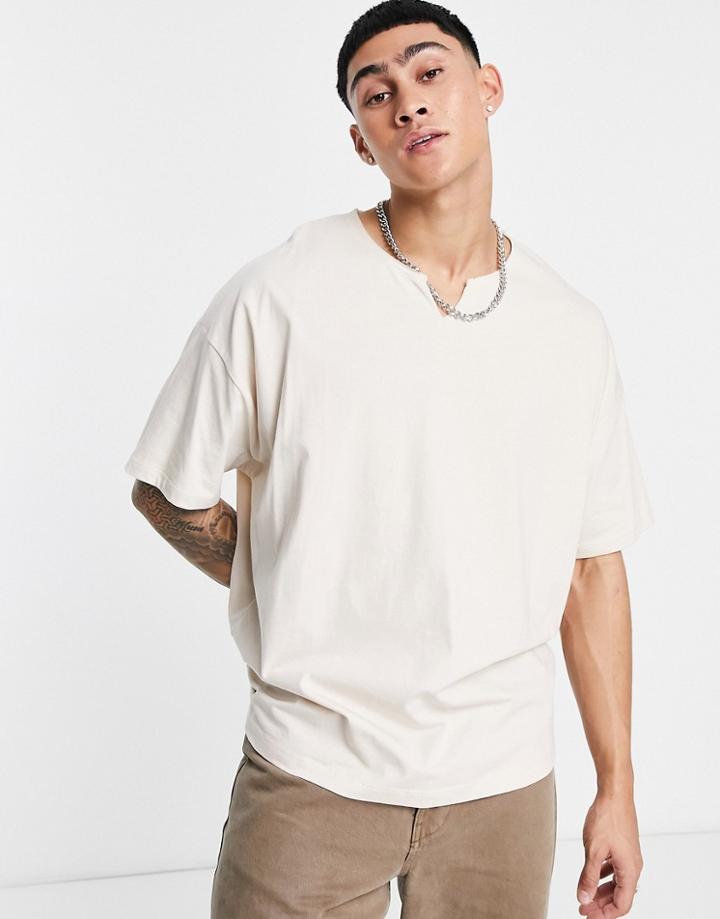 Asos Design Oversized Notch Neck T-shirt In Beige-neutral