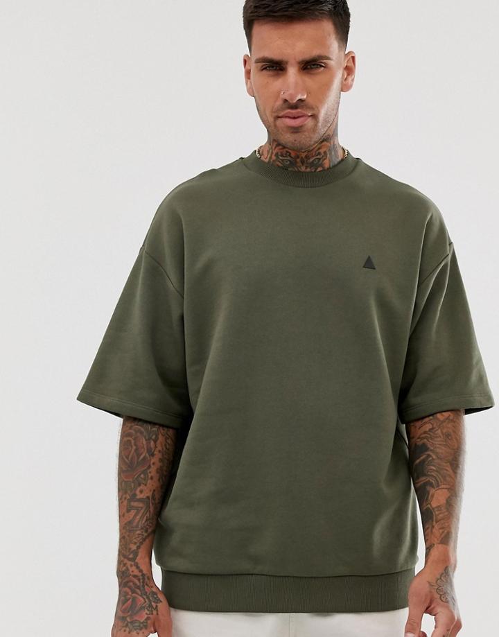 Asos Design Oversized Short Sleeve Sweatshirt In Khaki With Triangle - Green