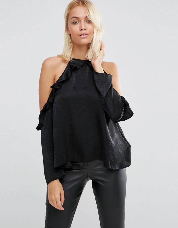 Asos Ruffle Cold Shoulder Top In Satin - Black