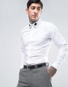 Devils Advocate Premium Embroidered Black Rose Collar Slim Fit Shirt - White