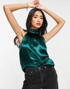 Vila Satin Halterneck Top In Green