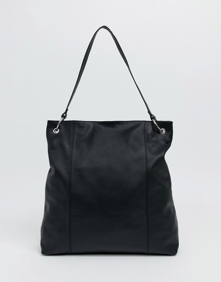Asos Design Leather Shopper Bag With Ring Detail - Black