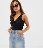 Brave Soul Petite Ribbed Tie Front Body Black - Black