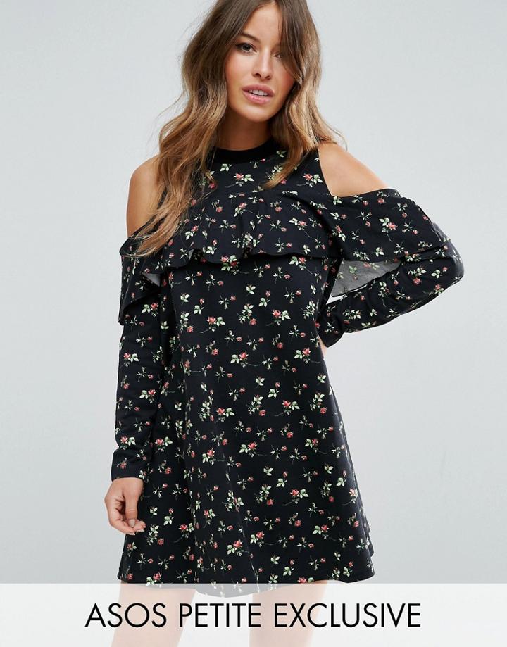 Asos Petite Cold Shoulder Ruffle Sweat Dress In Ditsy - Black