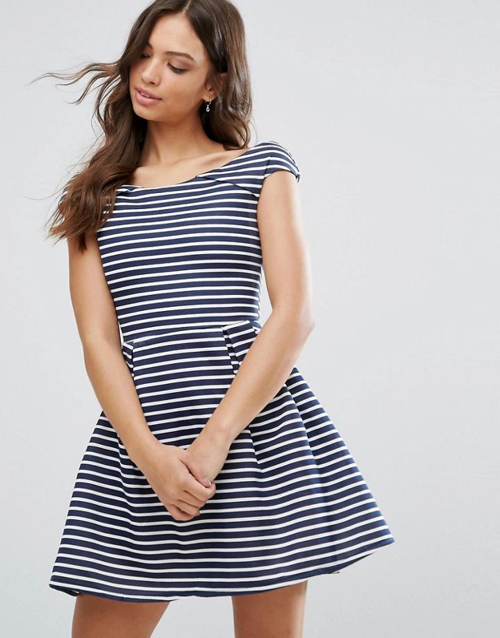 Wal G Bardot Stripe Skater Dress - Navy