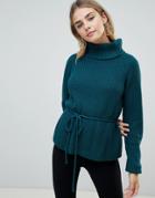 Fashion Union Roll Neck Sweater With Waist Tie - Green