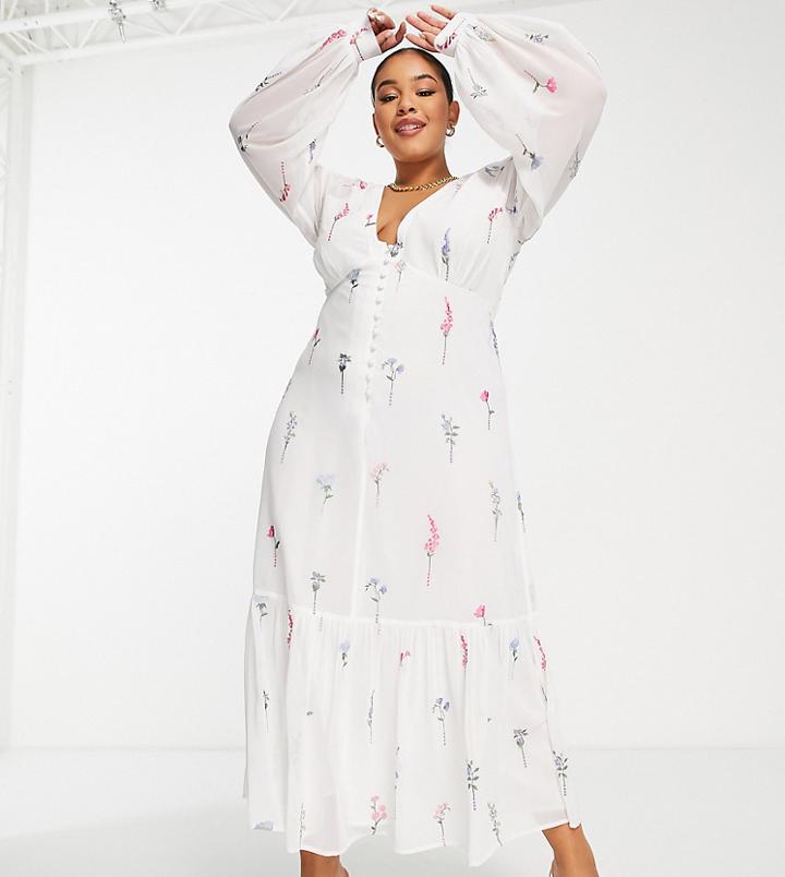 Asos Design Curve Button Through Embroidered Maxi Tea Dress In White