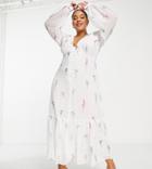 Asos Design Curve Button Through Embroidered Maxi Tea Dress In White