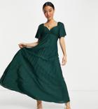 Asos Design Petite Pleated Twist Back Cap Sleeve Maxi Dress In Forest Green