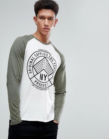 Threadbare Raglan Contrast Print Long Sleeve Top-green