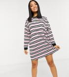 Asos Design Petite Oversized Long Sleeve T-shirt Dress In Bright Pink Black And White Stripe-multi