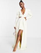 Yaura Puff Shoulder High Low Mini Dress With Train In Ivory-white