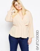 Asos Curve Wrap Front Minimal Blouse In Crepe - Champagne