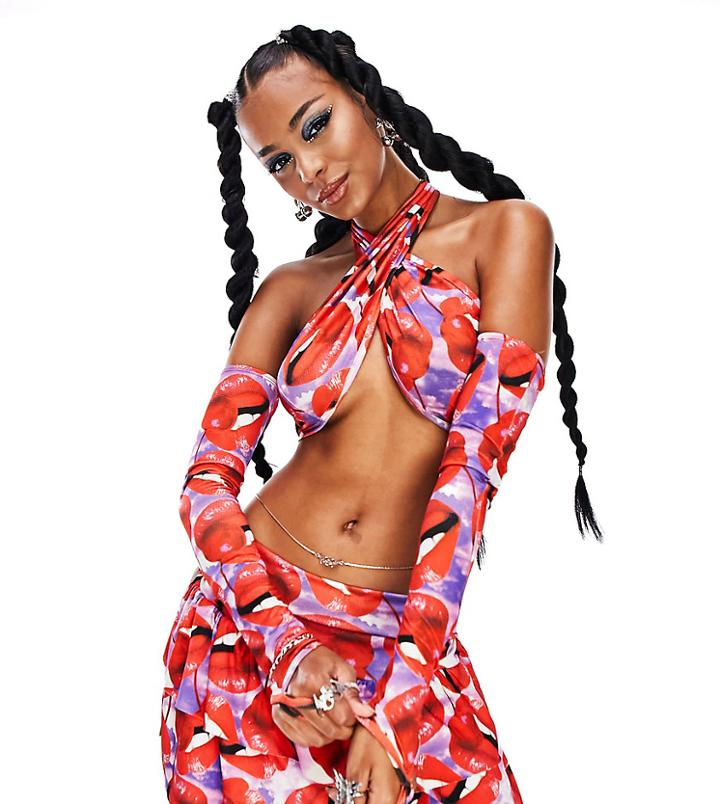 Asyou Festival Cross Front Top With Sleeves In Lips Print - Part Of A Set-pink