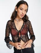 Asos Design Lace Shirt With Tie Front In Black