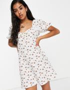 Miss Selfridge V Neck Fit And Flare Dress In Rosebud Print-white