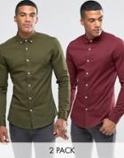 Asos 2 Pack Skinny Twill Shirt In Burgundy And Khaki - Multi