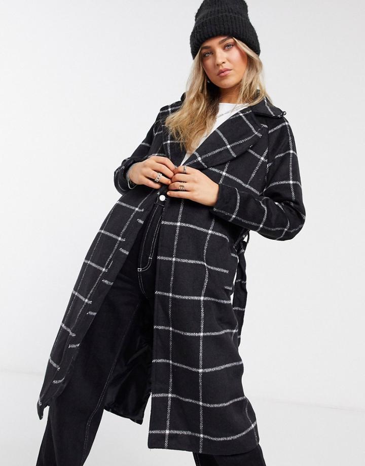 Liquorish Wrap Coat In Black Plaid