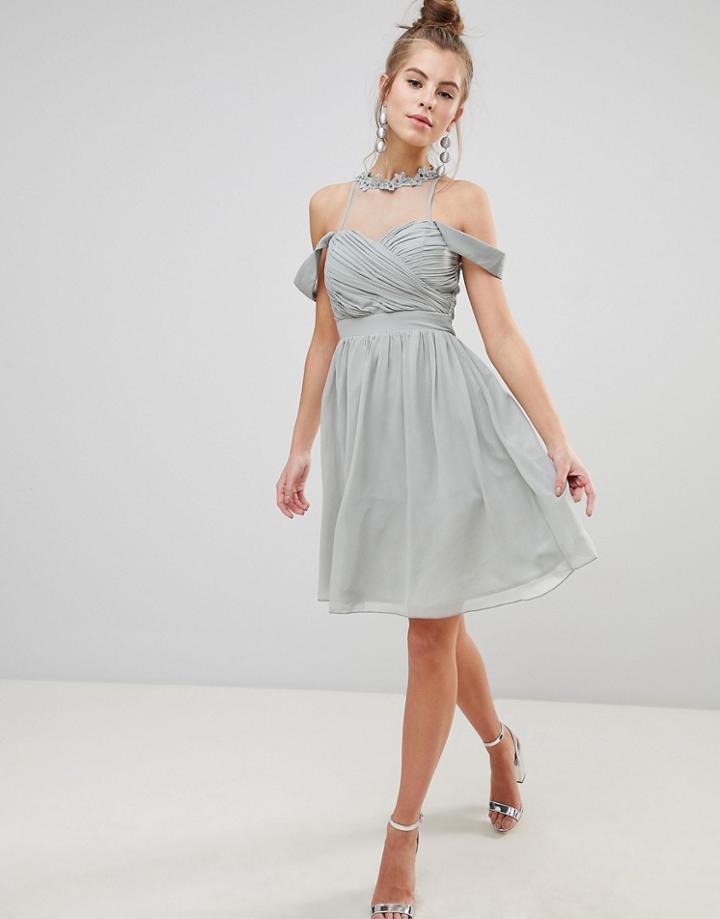 Little Mistress Chiffon Prom Dress With Floral Applique And Pearl Trim - Multi