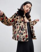 Lost Ink Faux Fur Crop Jacket In Leopard - Brown