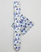 Asos Design Wedding Floral Tie & Pocket Square In Blue - Blue