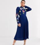 Asos Design Tall Pleated Embroidered Midi Dress-navy