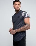 Siksilk Muscle T-shirt With Floral Sleeves & Zip Collar - Black