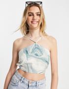 Lola May Strappy Open Back Satin Crop Top In Abstract Print-multi