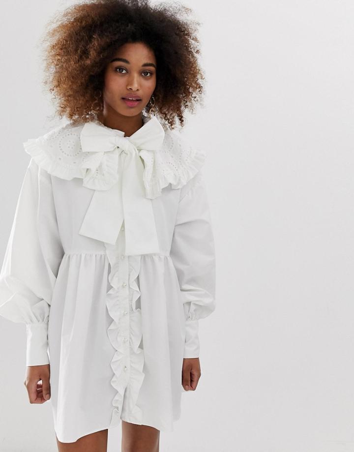 Sister Jane Button Down Mini Smock Dress With Oversized Crochet Bib And Pussybow-white