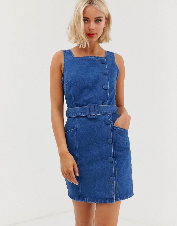 Asos Design Denim Side Button Belted Mini Dress - Blue