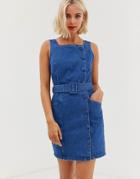 Asos Design Denim Side Button Belted Mini Dress - Blue