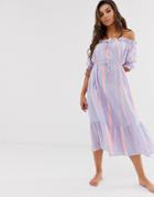 Asos Design Off Shoulder Tiered Maxi Beach Dress In Neon Flash Stripe-multi
