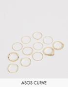 Asos Design Curve Pack Of 12 Rings In Mixed Design With Wavey And Engraved Rings In Gold - Gold