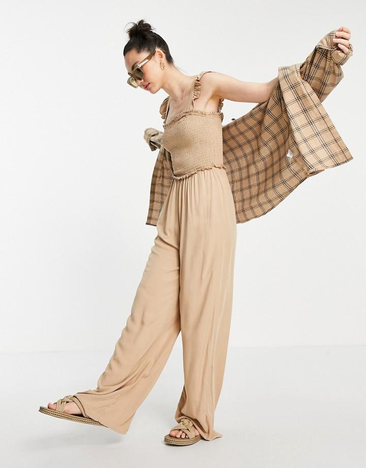 Vila Wide Leg Jumpsuit With Frill Shoulder In Beige-neutral