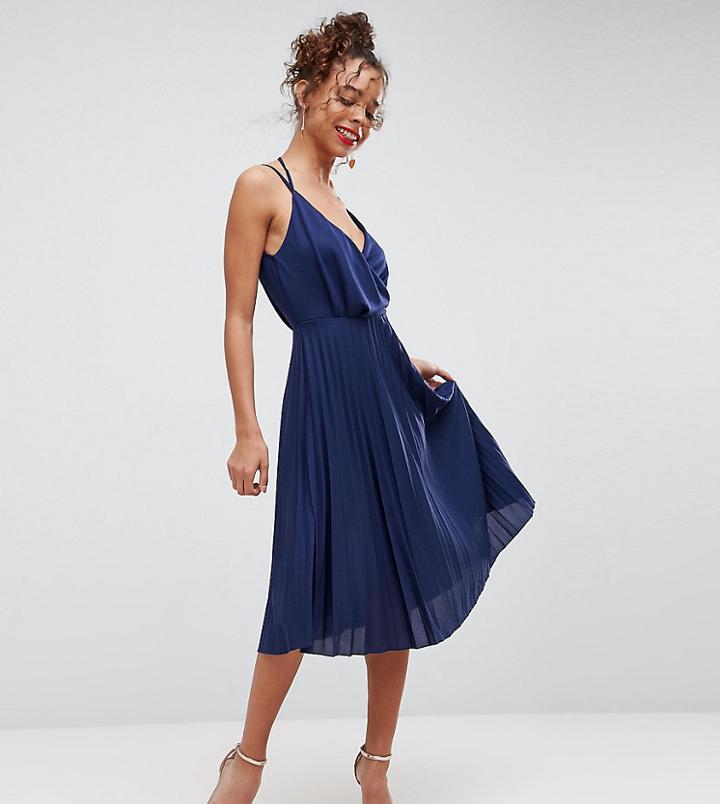 Asos Petite Blouson Wrap Pleated Midi Dress - Navy