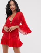 Asos Design Channel Waist Beach Cover Up With Pleated Cuffs & Hem-red