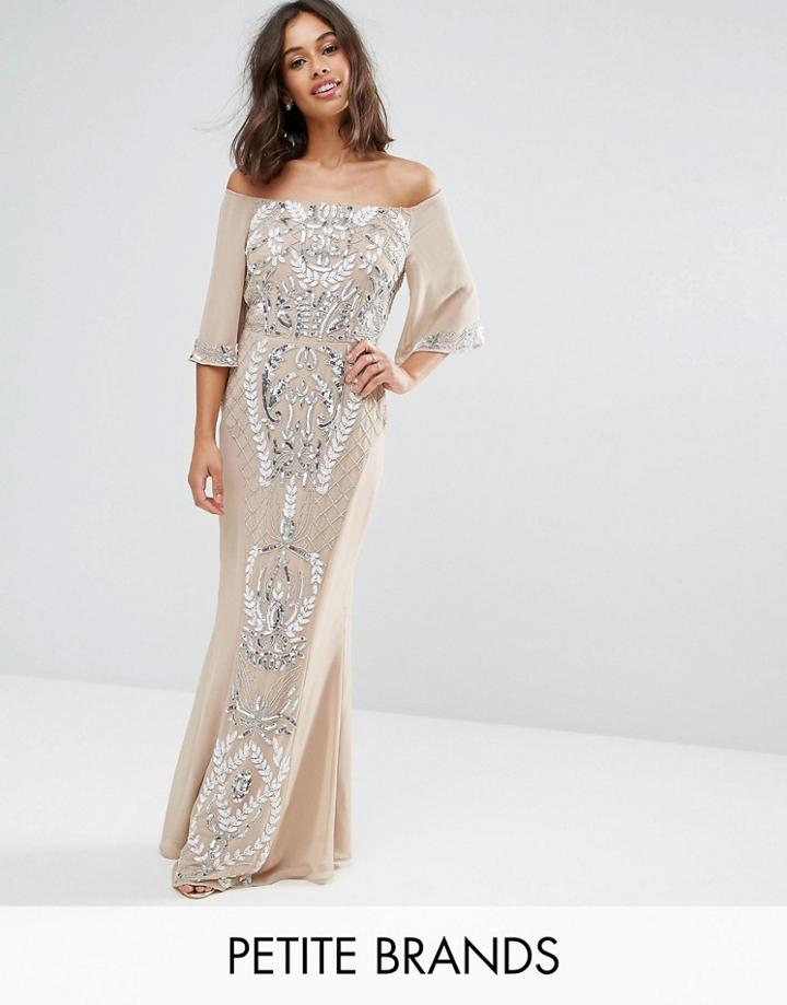 Maya Petite Allover Embellished Bandeau Maxi Dress With Baloon Sleeves - Pink