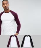 Asos Design Long Sleeve Raglan T-shirt With Contrast Sleeves 2 Pack Save - Multi