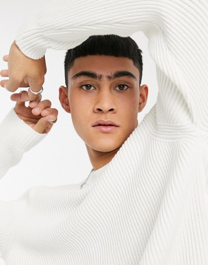 Pull & Bear Ribbed Sweater With Crew Neck In White