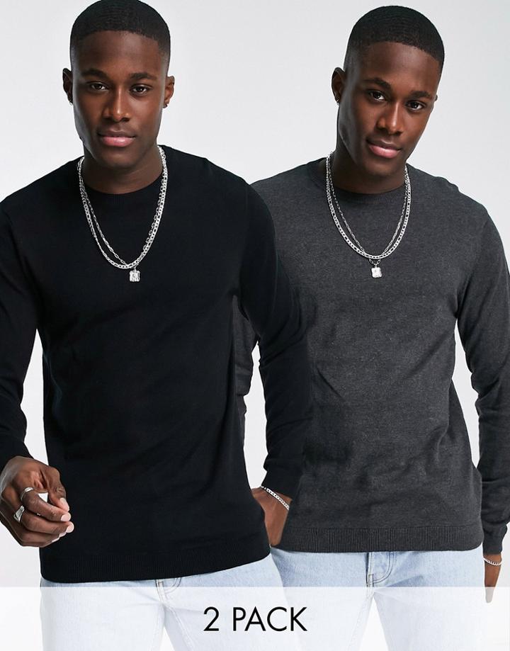 Asos Design 2 Pack Cotton Sweater In Black & Charcoal Save-multi