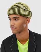 Asos Design Fisherman Beanie With Two Tone Rib In Pale Yellow