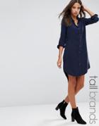 Brave Soul Tall Denim Shirt Dress With Lace Up Shoulder Detail - Navy