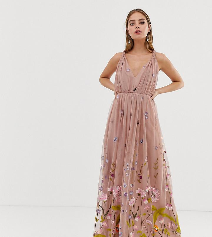 Asos Design Petite Tulle Maxi Dress With Delicate Floral Embroidery And Twist Straps-blue