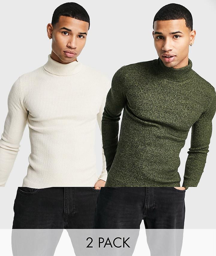 Asos Design 2-pack Knit Rib Roll Neck Sweaters In Khaki Twist & Oatmeal-multi