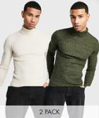 Asos Design 2-pack Knit Rib Roll Neck Sweaters In Khaki Twist & Oatmeal-multi