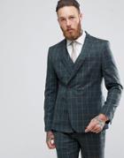 Asos Skinny Double Breasted Suit Jacket In Khaki Country Check - Green