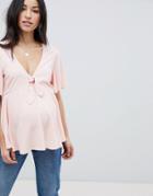 Asos Design Maternity Flutter Sleeve Tie Front Top In Blush - Blue